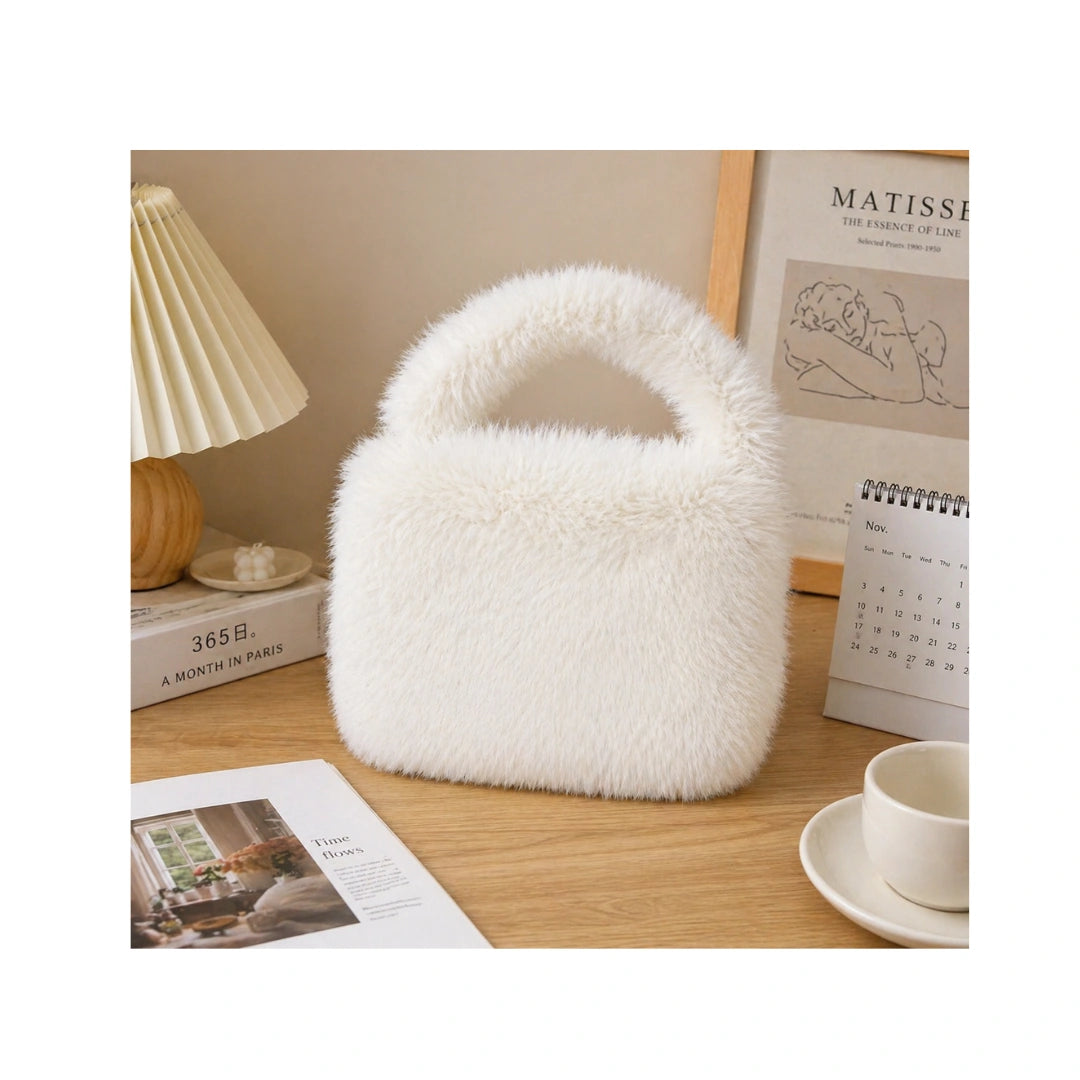 Fluffy Faux Fur Mini Tote Bag for Women & Girls - Soft Bucket Style