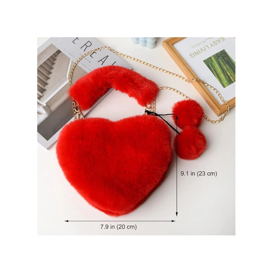 Heart Shape Fur Purse with Chain Strap - Fluffy Crossbody Bag, Red