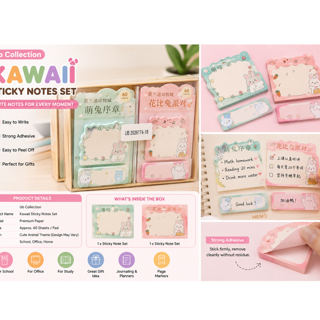 Ub Collection Kawaii Sticky Notes Set – Cute Animal Memo Pads with Page Markers (Colour & Design May Vary)