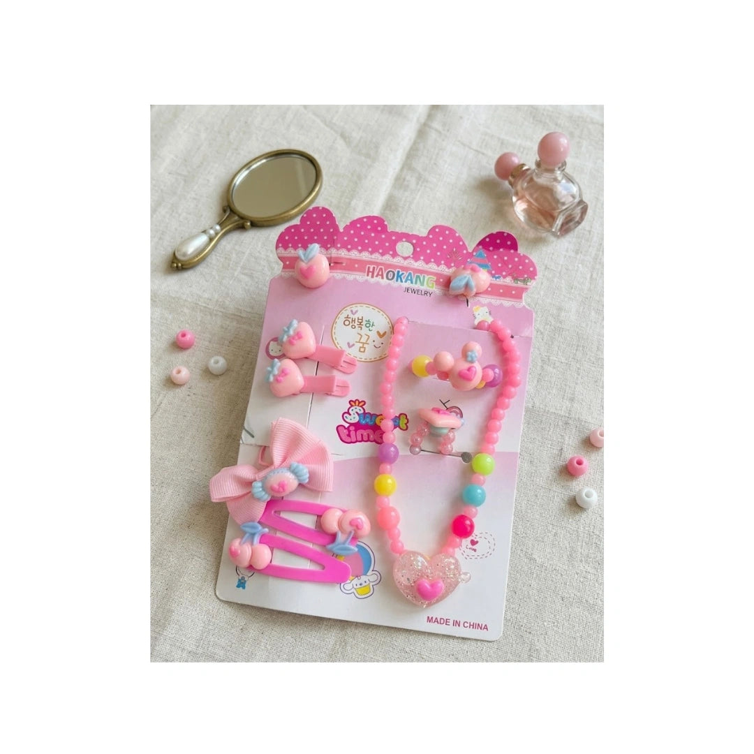 Girls Jewellery & Hair Accessories Set - Necklace, Bracelet, Clips & Bow