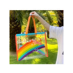 Rainbow Clear Tote Bag - PVC Shopping & Gift Bag with Orange Handles