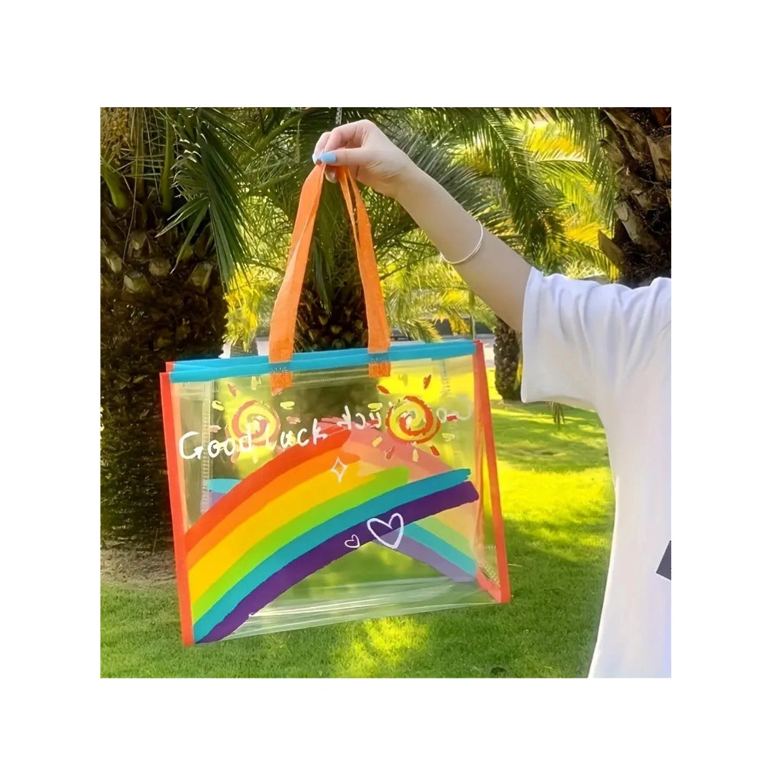 Rainbow Clear Tote Bag - PVC Shopping & Gift Bag with Orange Handles
