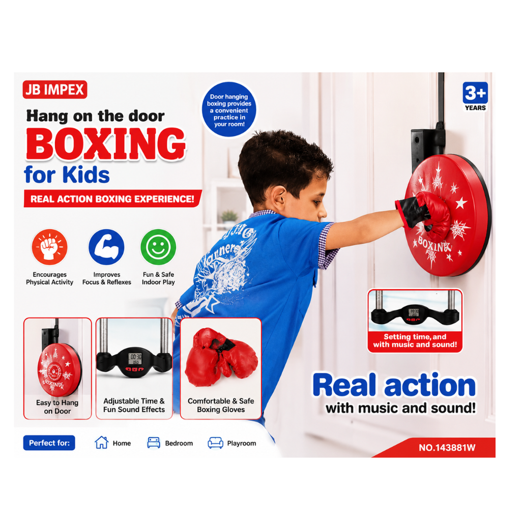 JB Impex Kids Door Hanging Boxing Set with Music & Timer – Indoor Punching Target Toy with Boxing Gloves (3Years+)