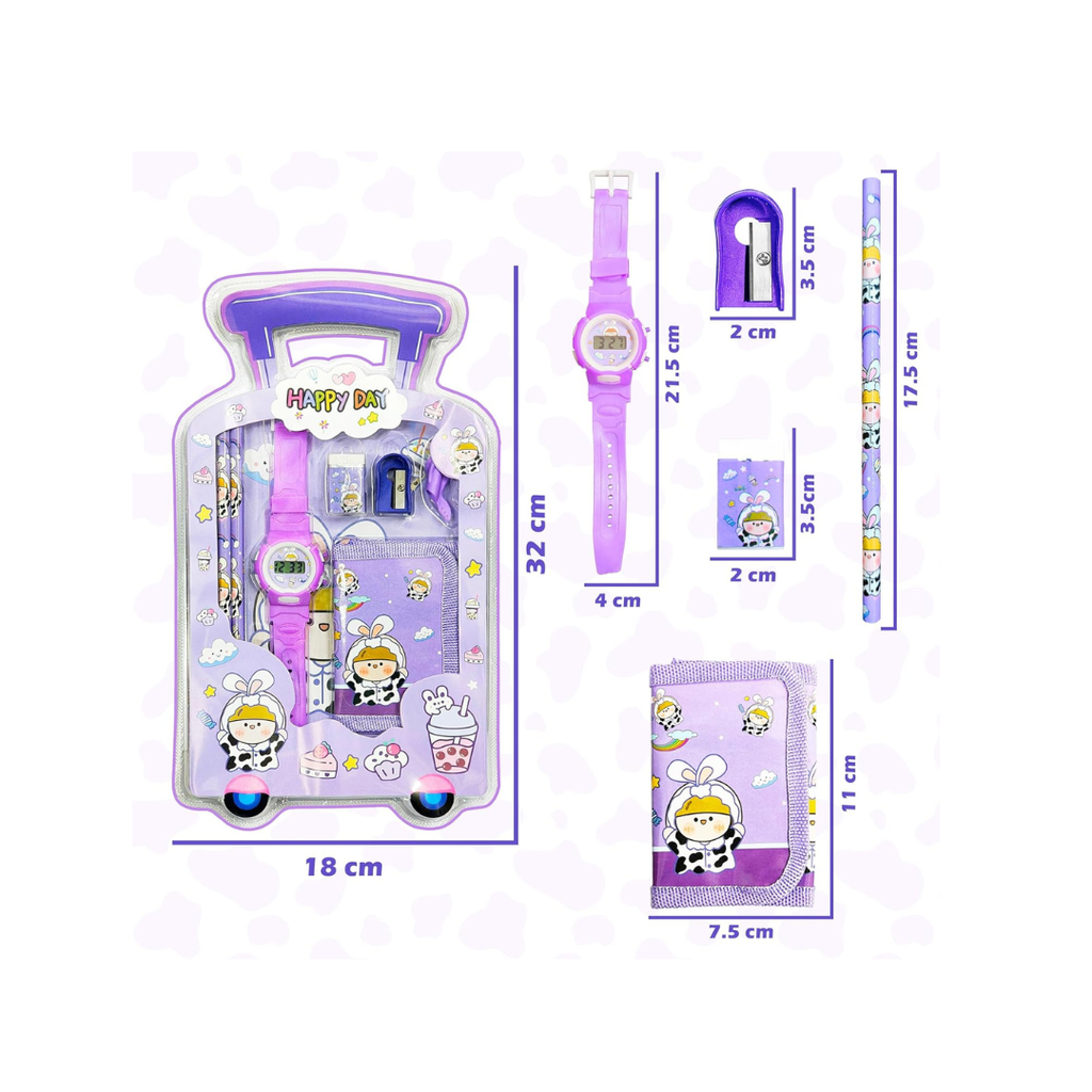 Mini Trolley Suitcase Kids Stationery Set with Digital Watch & Wallet