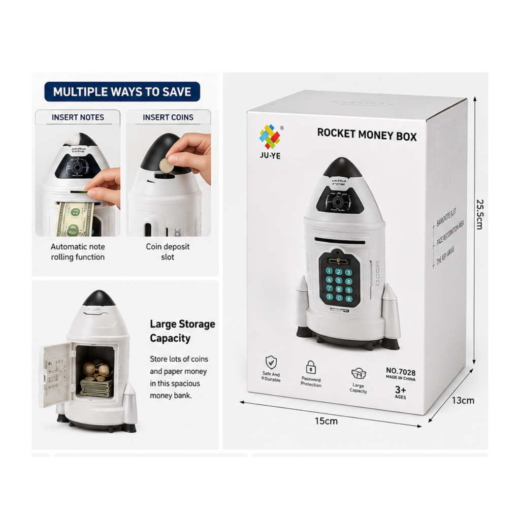 Rocket Electronic Money Bank with Password Lock & Coin Counter | Kids ATM Savings Box | Color as per Availability (3+ Years)