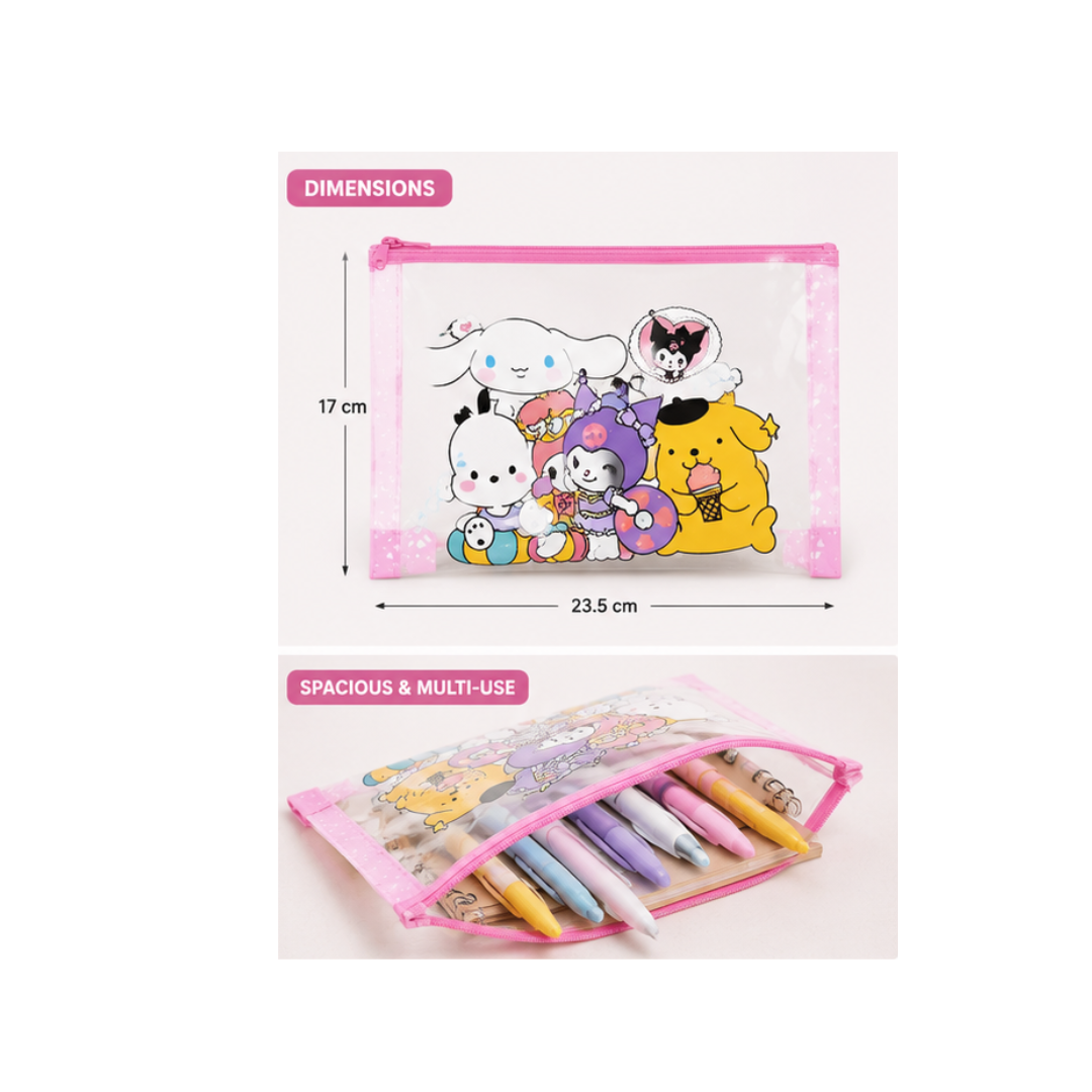 Ub Collection Transparent Cartoon Zipper File Pouch – Cute Multi-Character PVC Document & Stationery Bag (Design May Vary)