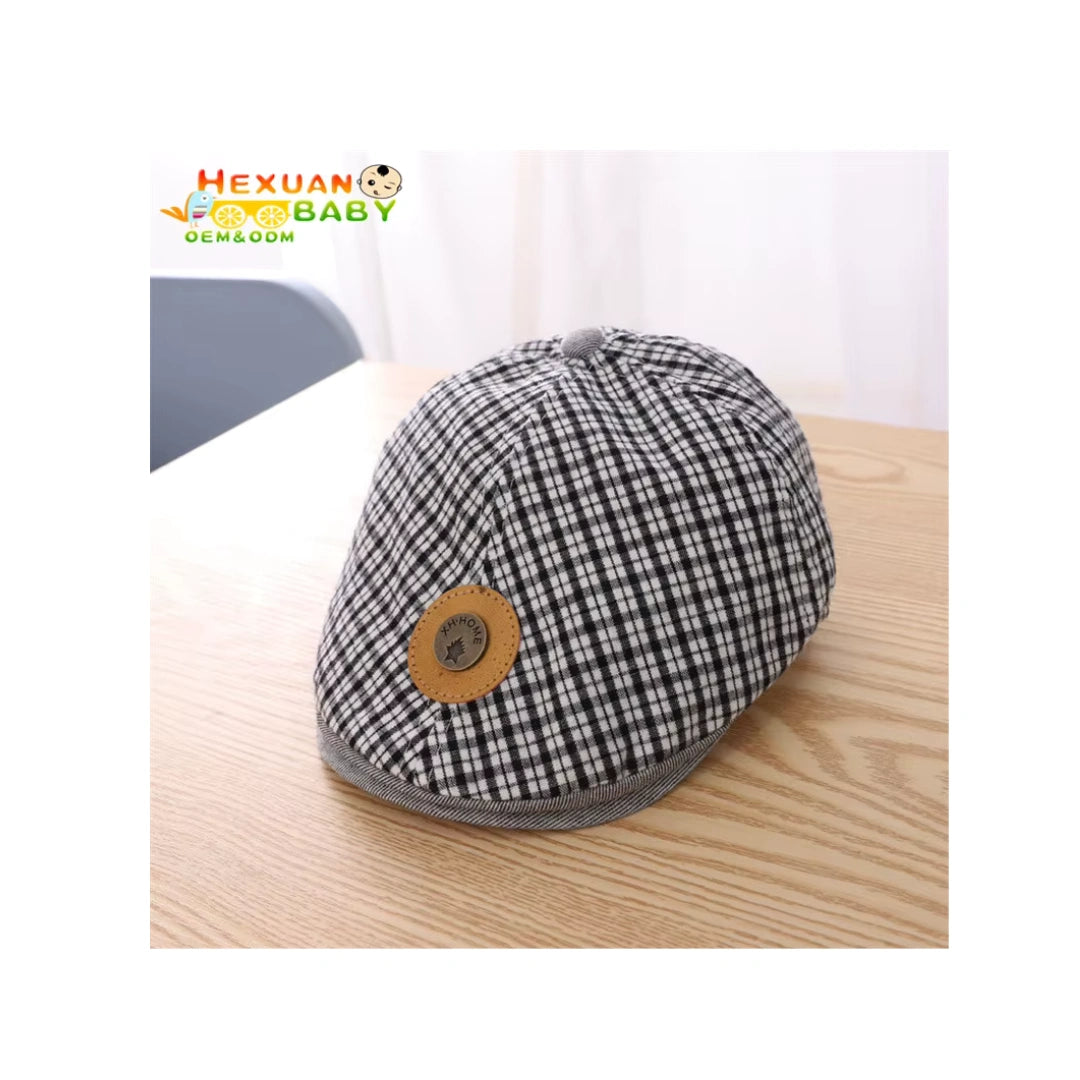 Kids Plaid Beret Cap - Classic Checkered Cotton Hat with Leather Patch