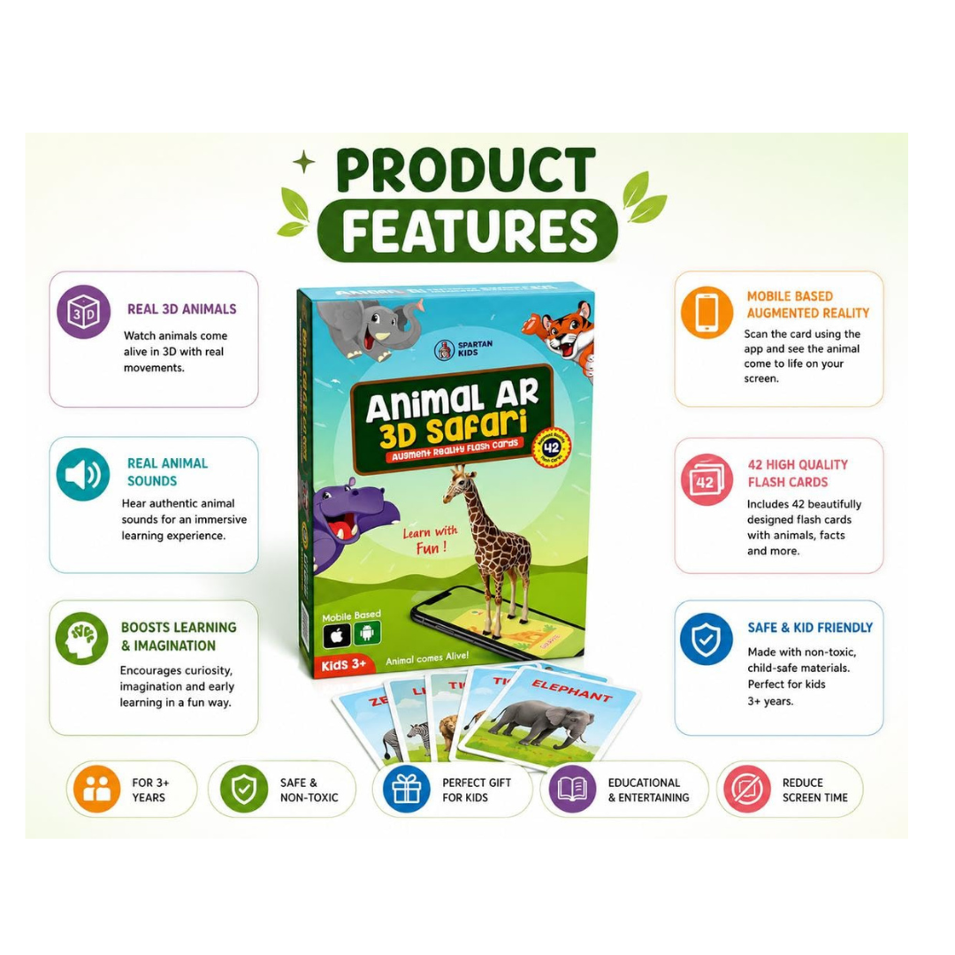 JB Impex Animal AR 3D Safari Flash Cards – 42 Augmented Reality Learning Cards for Kids 3+ Years