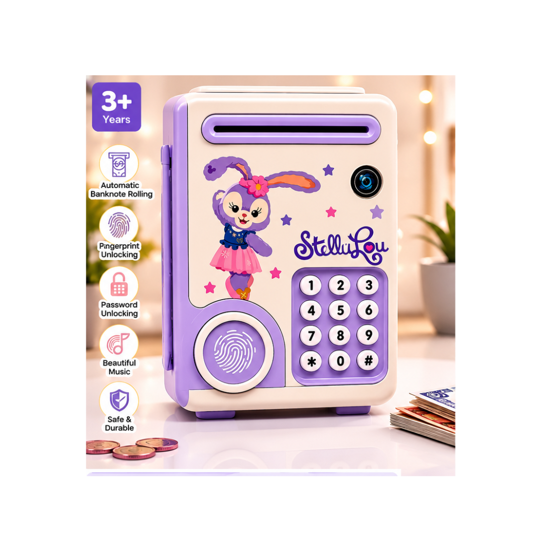 StelliLou Electronic Mini Bank for Kids – Password & Fingerprint Money Saving Bank with Automatic Note Rolling | Color as per Availability (3+ Years)