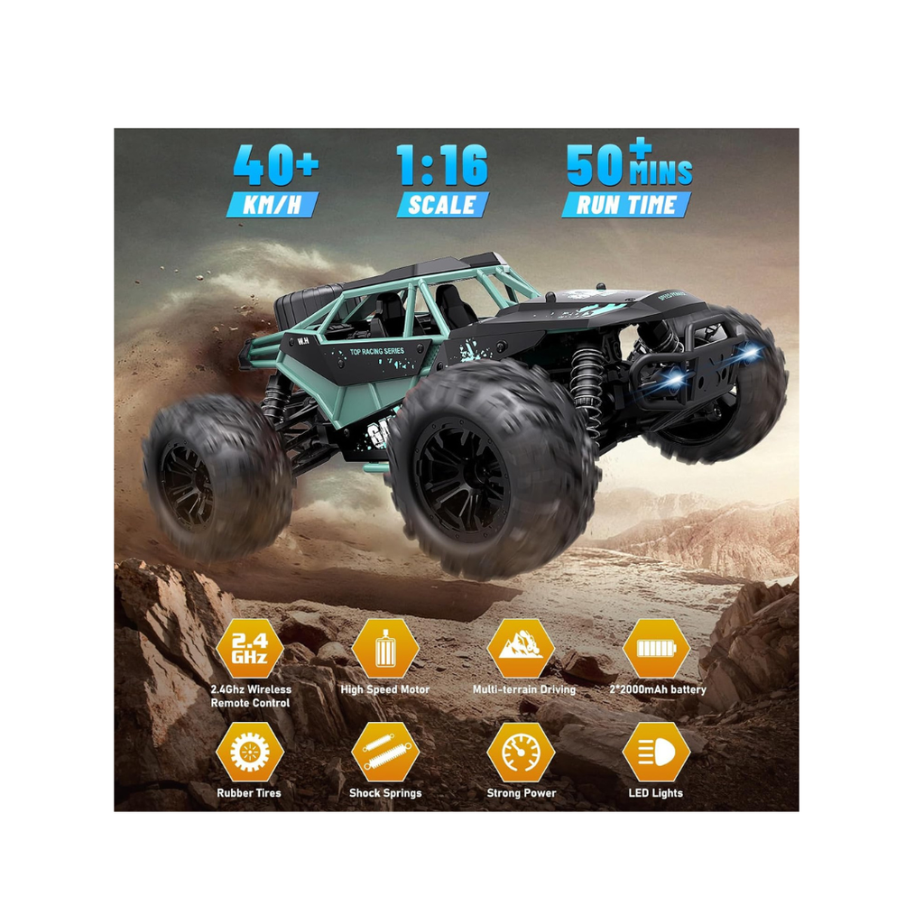 1:16 Scale 4WD RC Monster Truck – 40KM/H High-Speed Off-Road Car with 2 Rechargeable Batteries