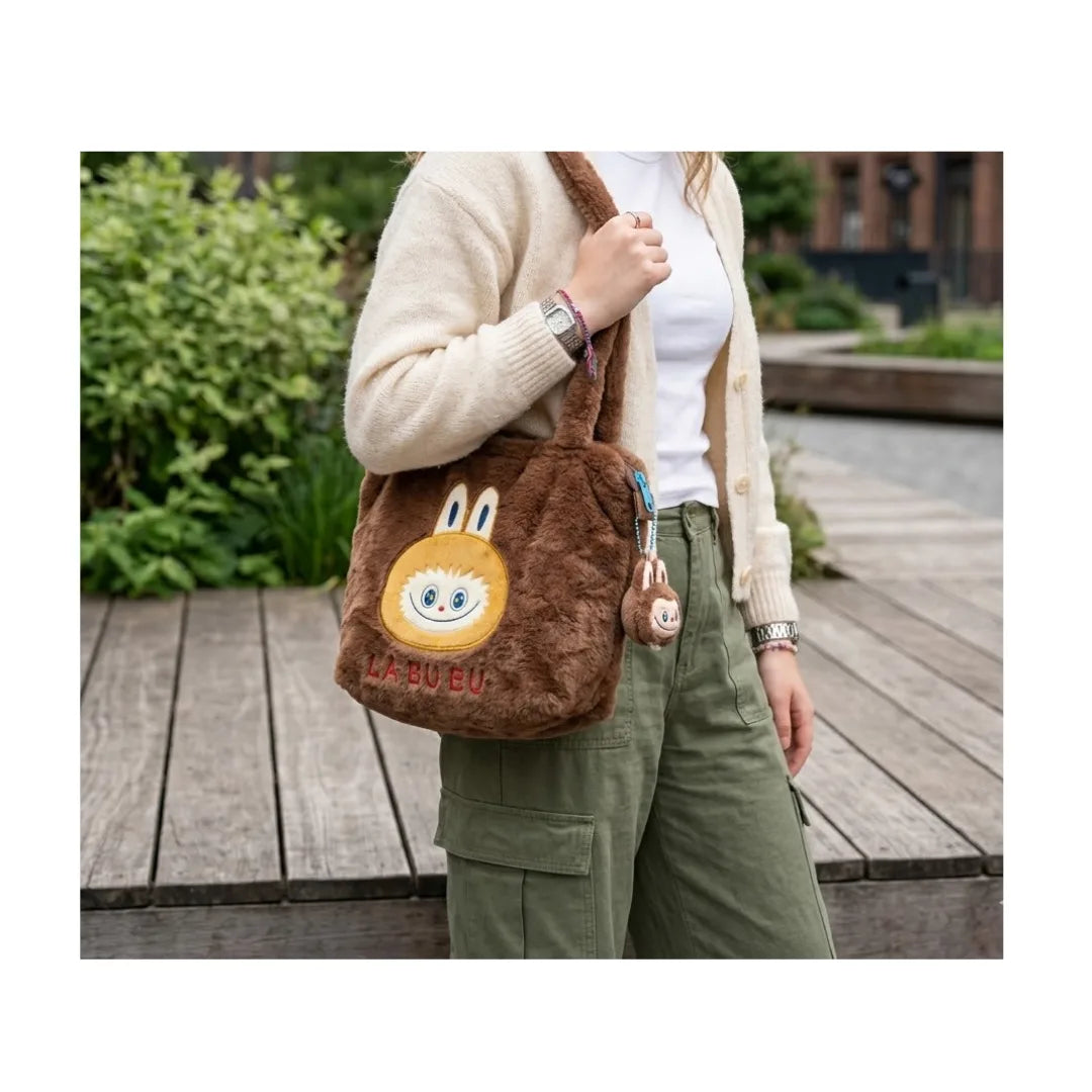 Labubu Plush Tote Bag - Fluffy Faux Fur Handbag for Kids & Teens