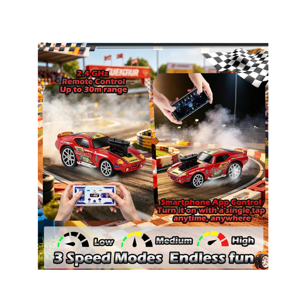 Mini Drift RC Car 1:64, Remote Control Car with 3 Speed, 2.4GHz and Bluetooth App, Metal Body, Drift Car for Kids from 6 Years Old (Red)