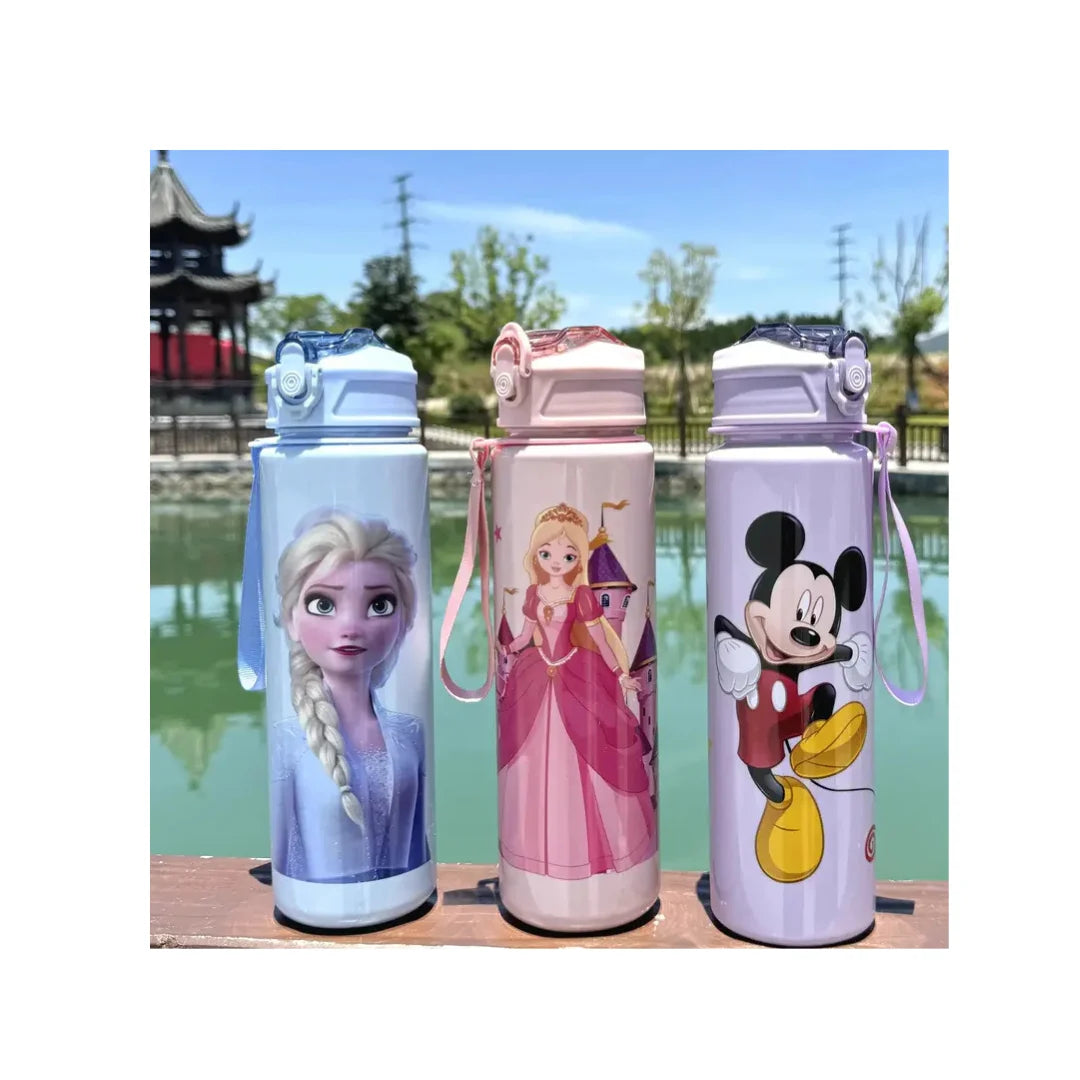 Kids Cartoon Water Bottle - Printed Plastic Sipper with Straw & Carry Strap