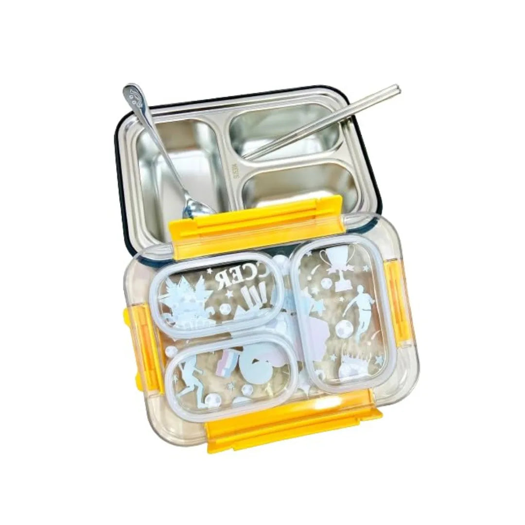 Kids 3-Compartment Bento Lunch Box - Stainless Steel with Chopsticks