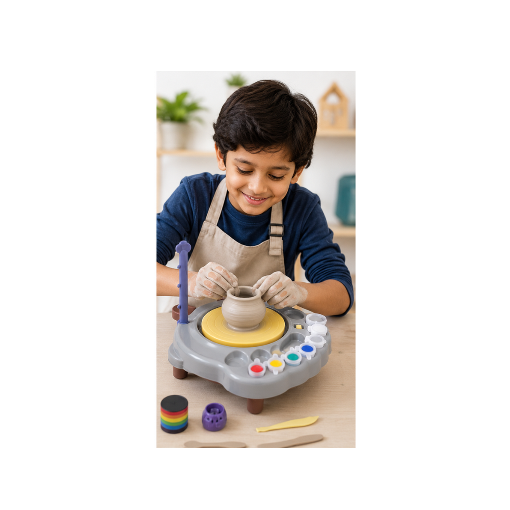 MM Toys Pottery Arts Wheel DIY Clay Craft Kit – Electric Pottery Wheel with Clay, Paints & Sculpting Tools for Kids (Ages 3+)