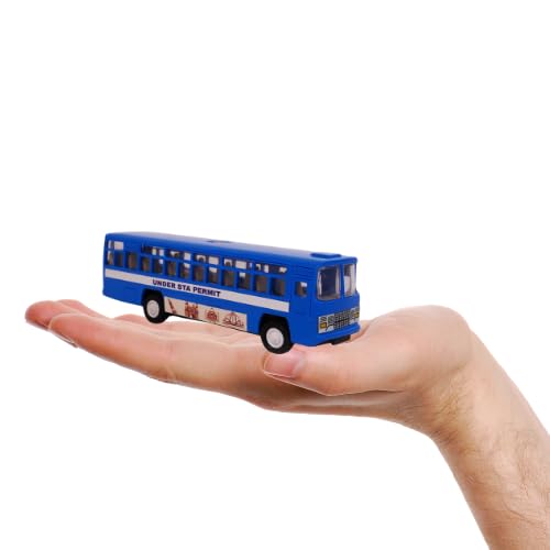 Miniature blue city bus toy resting on an open hand