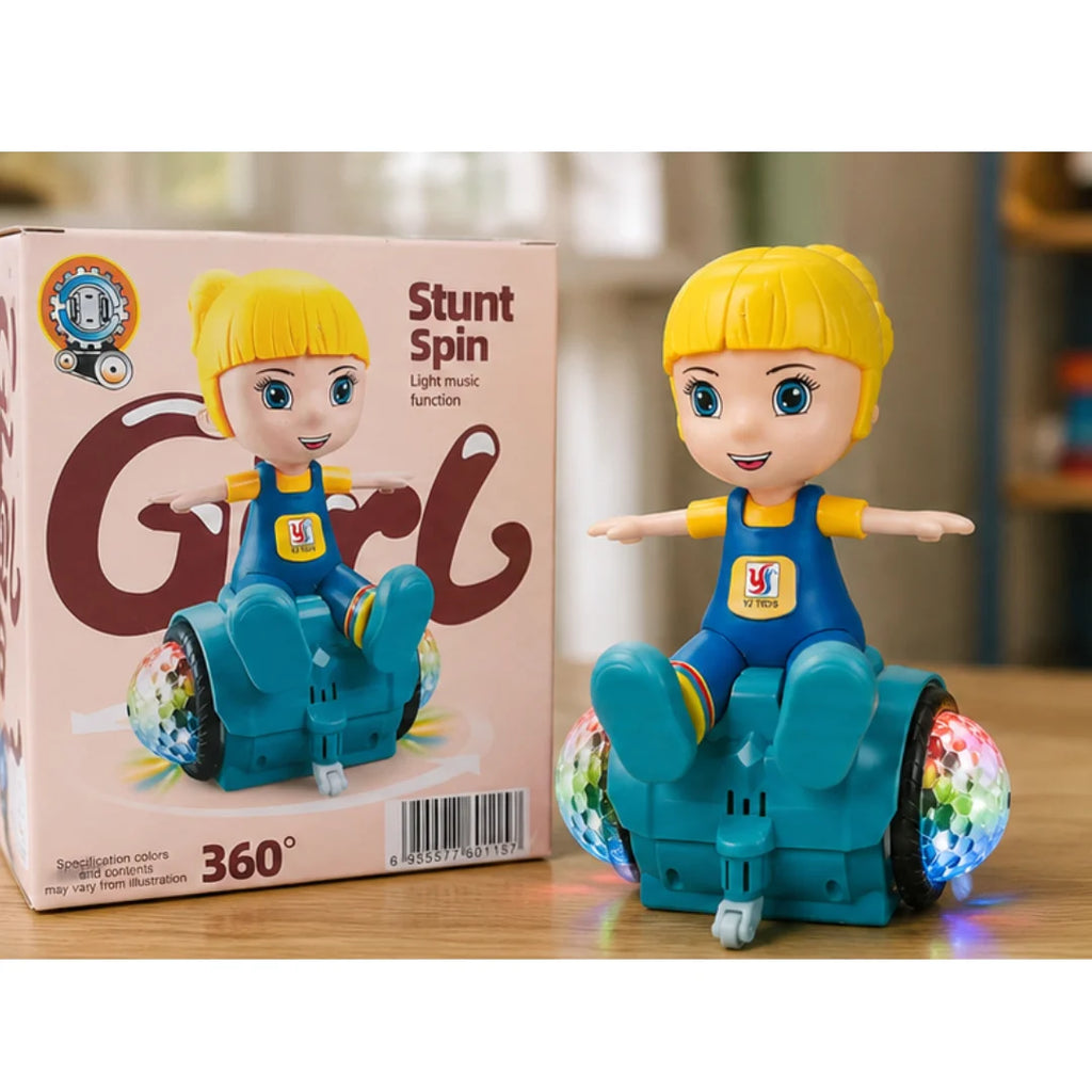 A colorful 360° spinning stunt boy toy with flashing LED lights and music, designed for kids aged 3+, performing rotating motion on a flat surface.
