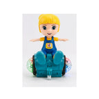 A colorful 360° spinning stunt boy toy with flashing LED lights and music, designed for kids aged 3+, performing rotating motion on a flat surface.
