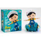 A colorful 360° spinning stunt boy toy with flashing LED lights and music, designed for kids aged 3+, performing rotating motion on a flat surface.
