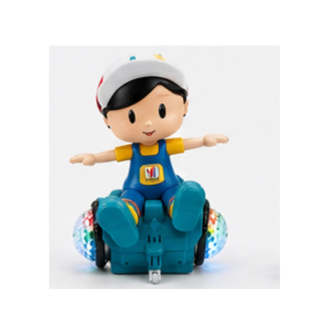 A colorful 360° spinning stunt boy toy with flashing LED lights and music, designed for kids aged 3+, performing rotating motion on a flat surface.
