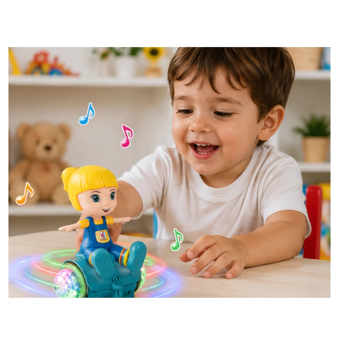 A colorful 360° spinning stunt boy toy with flashing LED lights and music, designed for kids aged 3+, performing rotating motion on a flat surface.
