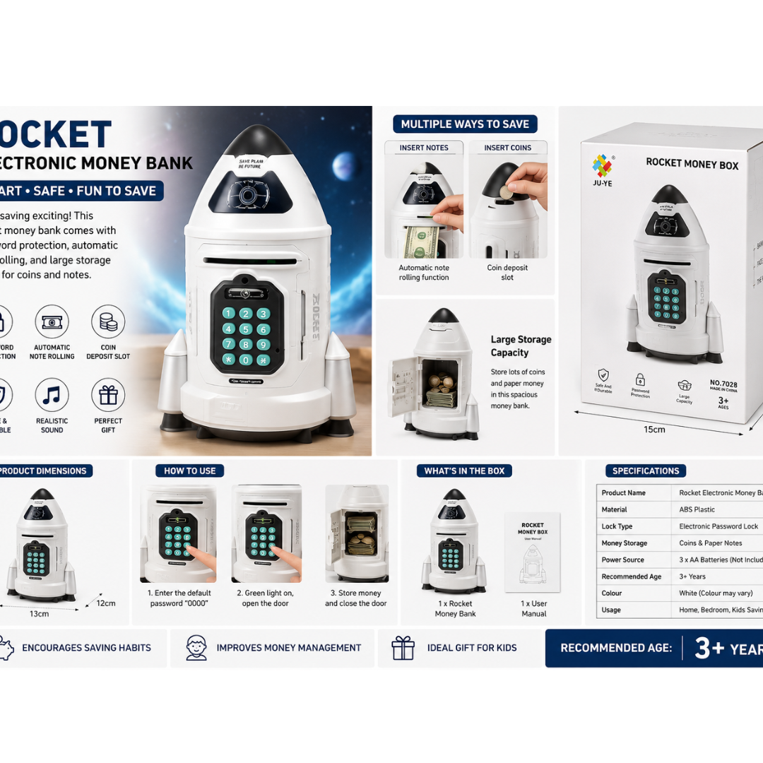 Rocket Electronic Money Bank with Password Lock & Coin Counter | Kids ATM Savings Box | Color as per Availability (3+ Years)
