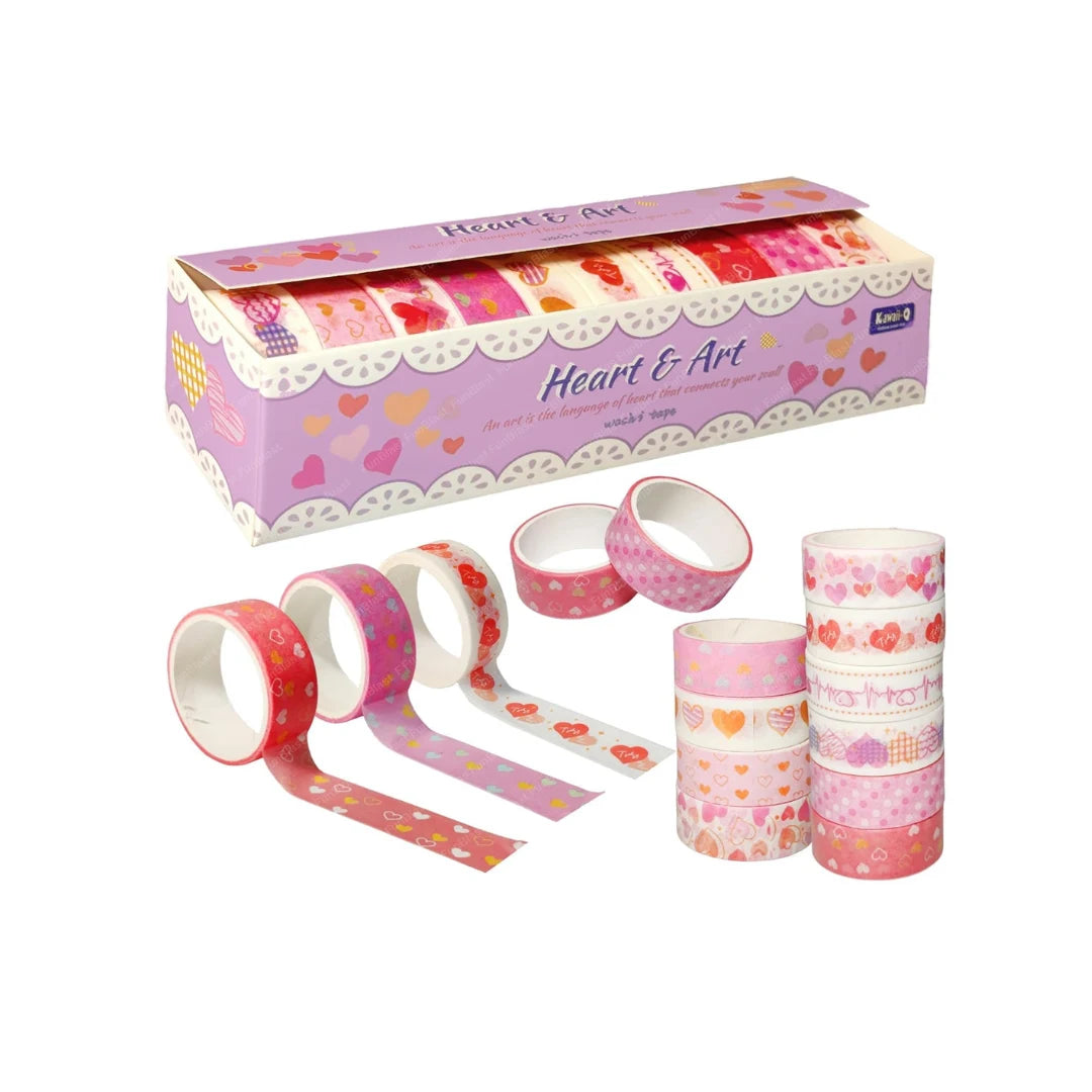 Kawaii Heart Washi Tape Set - 10 Japanese Masking Tape Rolls for Journaling