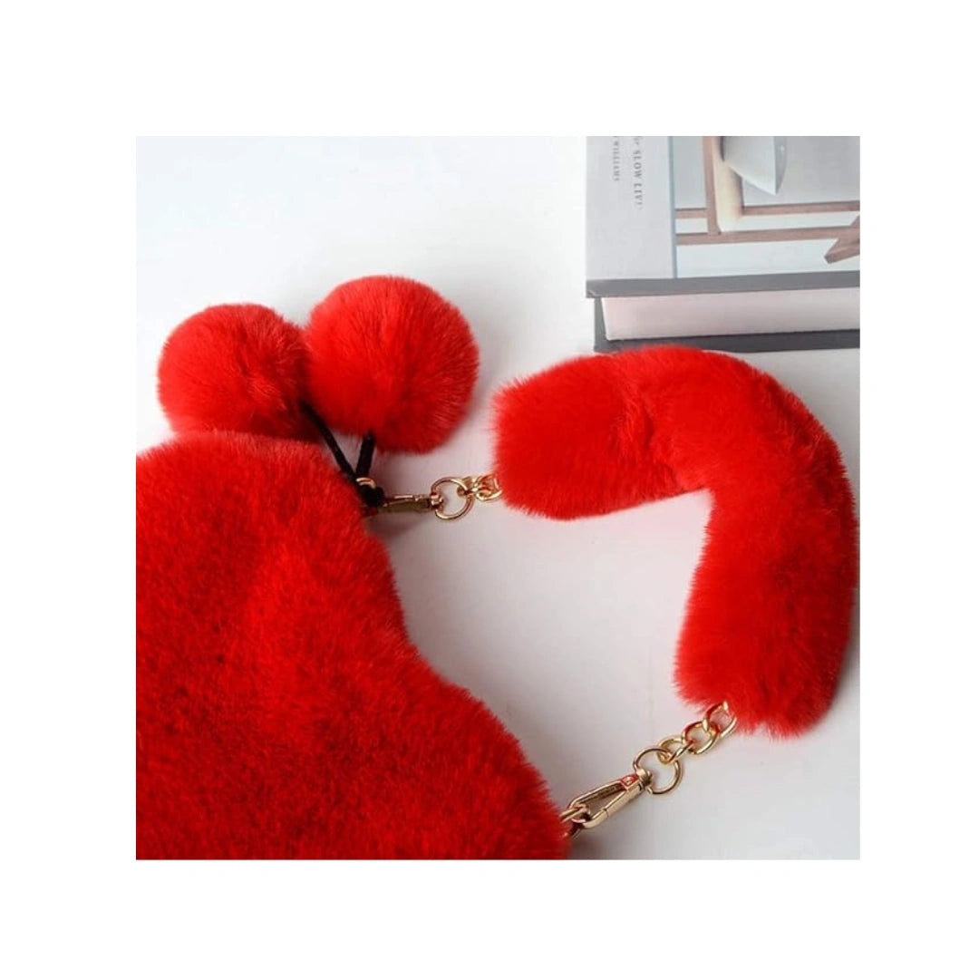 Heart Shape Fur Purse with Chain Strap - Fluffy Crossbody Bag, Red