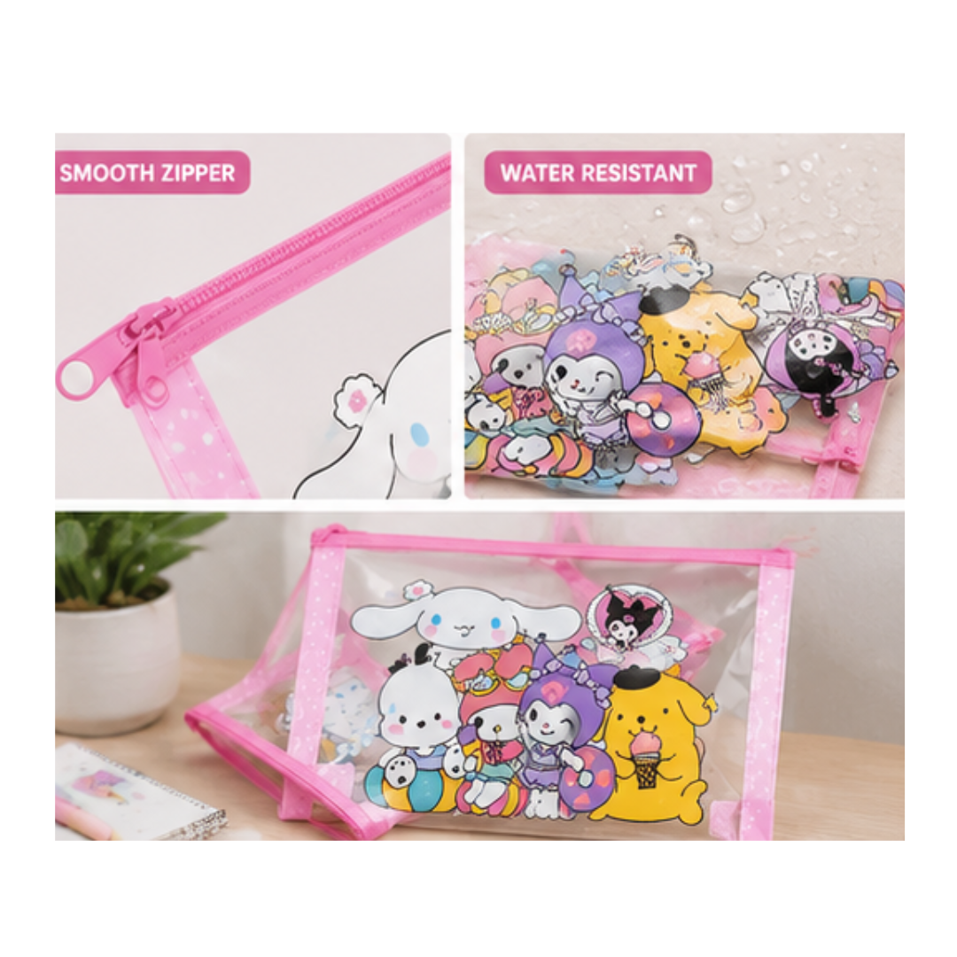 Ub Collection Transparent Cartoon Zipper File Pouch – Cute Multi-Character PVC Document & Stationery Bag (Design May Vary)