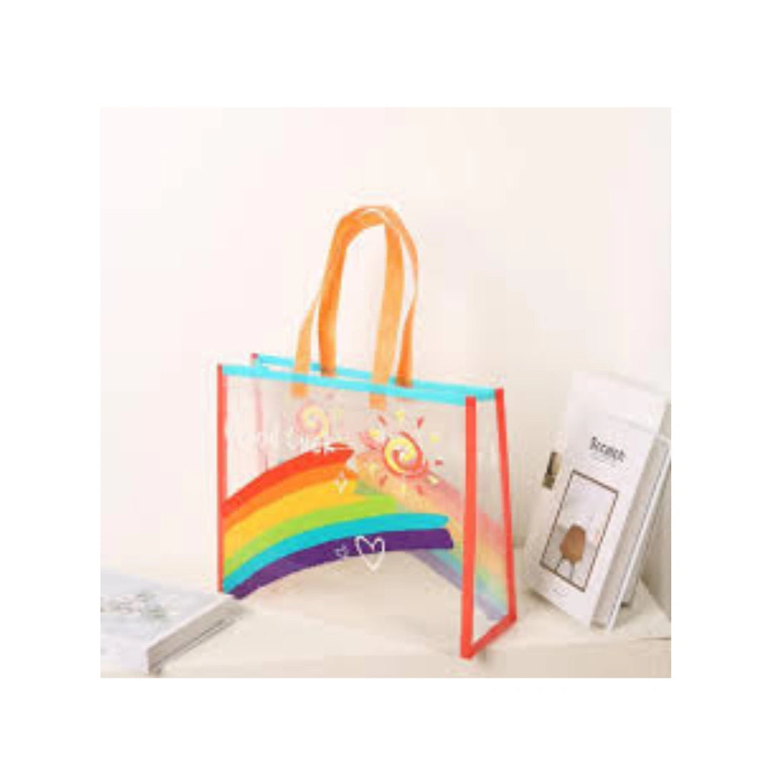 Rainbow Clear Tote Bag - PVC Shopping & Gift Bag with Orange Handles