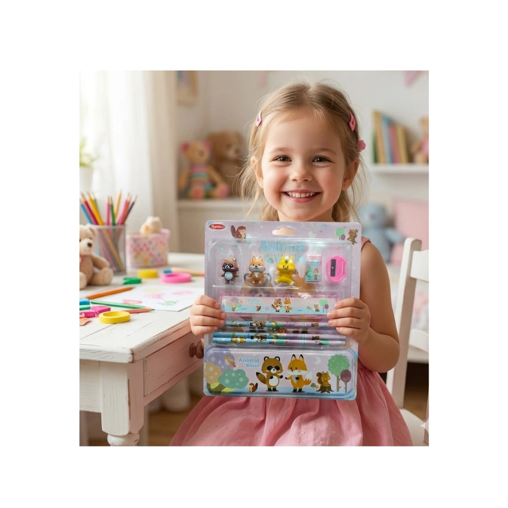 Animal World Stationery Set - Pencils, Eraser, Ruler & Sharpener for Kids