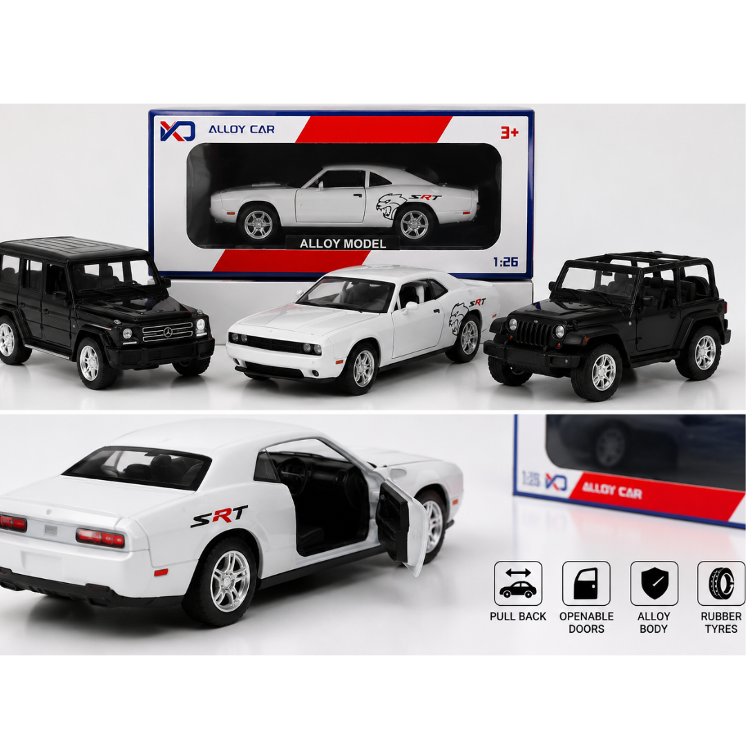 Toy Rush Alloy Model Car 1:26 Scale Pull Back Die-Cast Toy Car with Openable Doors (Colour as per Availability) | Ages 3+