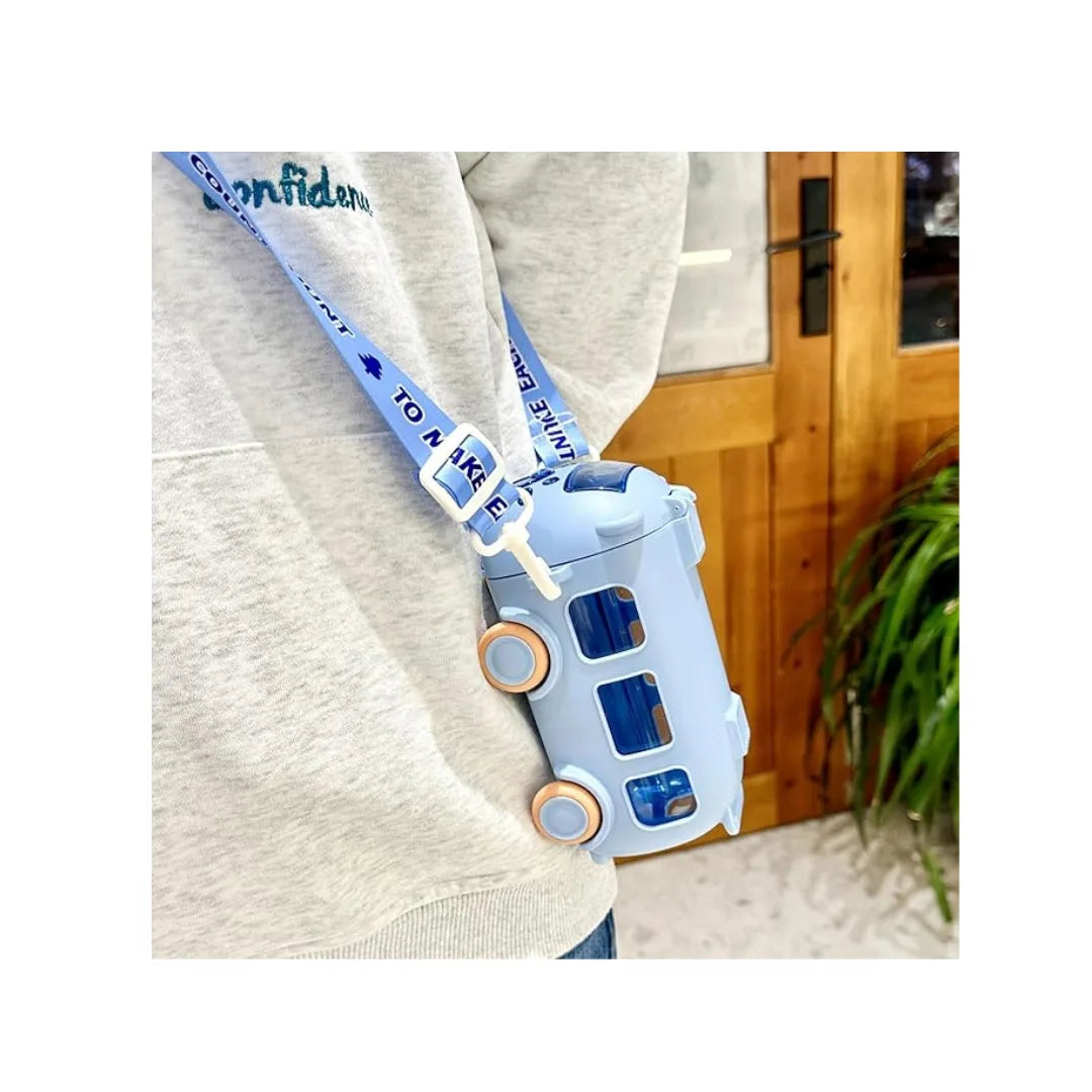 Bus Shape Water Bottle for Kids - 500ml Leakproof Sipper with Crossbody Strap