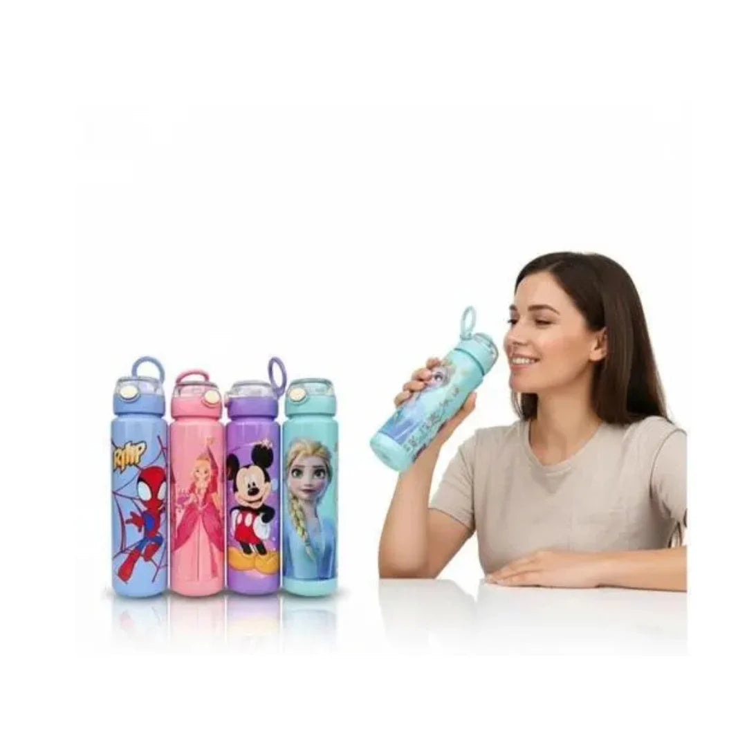 Kids Cartoon Water Bottle - Printed Plastic Sipper with Straw & Carry Strap
