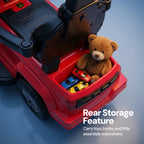 Red ride-on car with open rear storage compartment holding toys