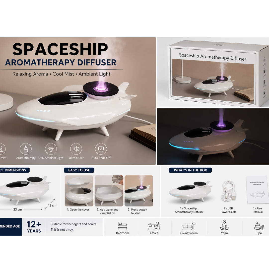 Spaceship Aromatherapy Diffuser with Cool Mist Humidifier & LED Ambient Light | USB Powered | Home & Office Aroma Diffuser