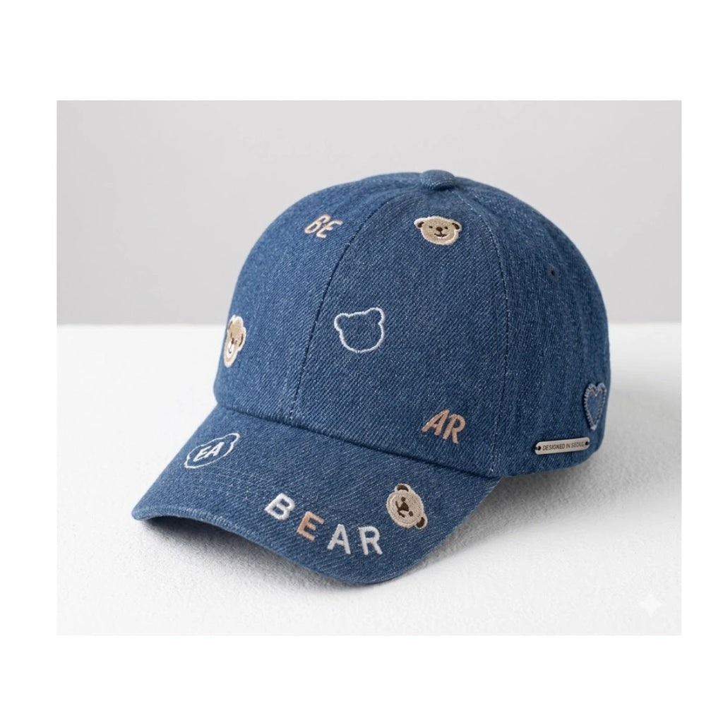 Kids Denim Baseball Cap - Embroidered Bear Patch, Boys & Girls