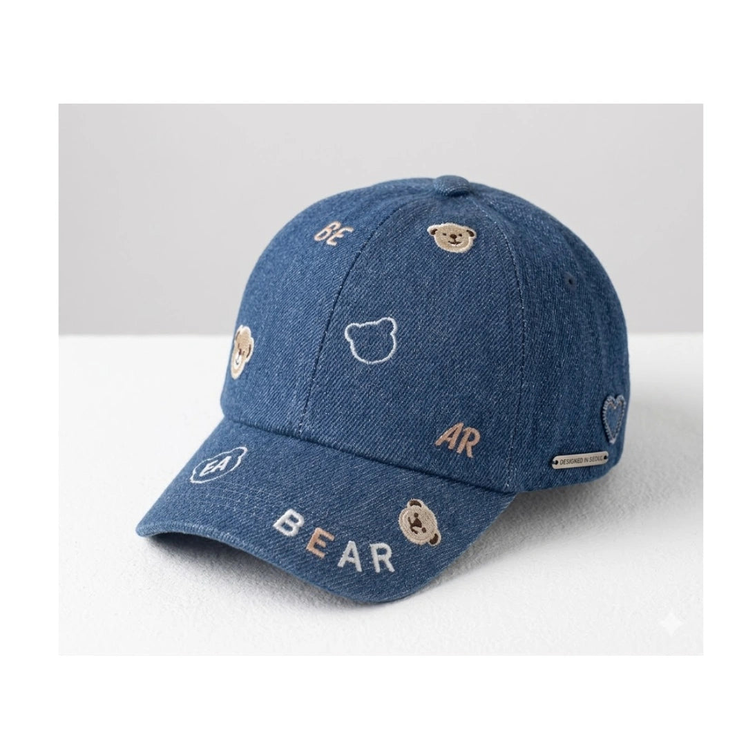 Kids Denim Baseball Cap - Embroidered Bear Patch, Boys & Girls