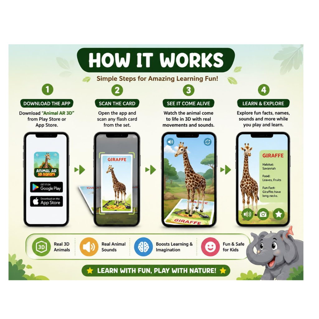 JB Impex Animal AR 3D Safari Flash Cards – 42 Augmented Reality Learning Cards for Kids 3+ Years