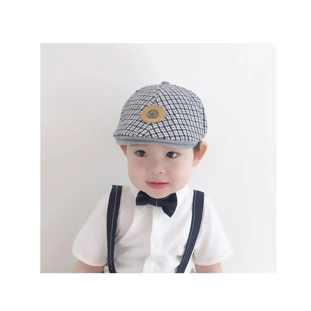 Kids Plaid Beret Cap - Classic Checkered Cotton Hat with Leather Patch