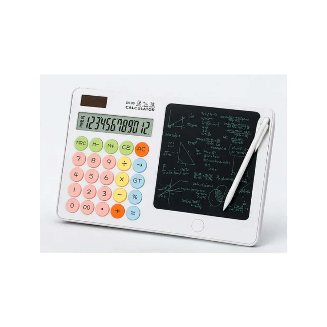 LCD Calculator + Erasable Writing Tablet · Ages 6+ · 12-Digit · Solar & Battery