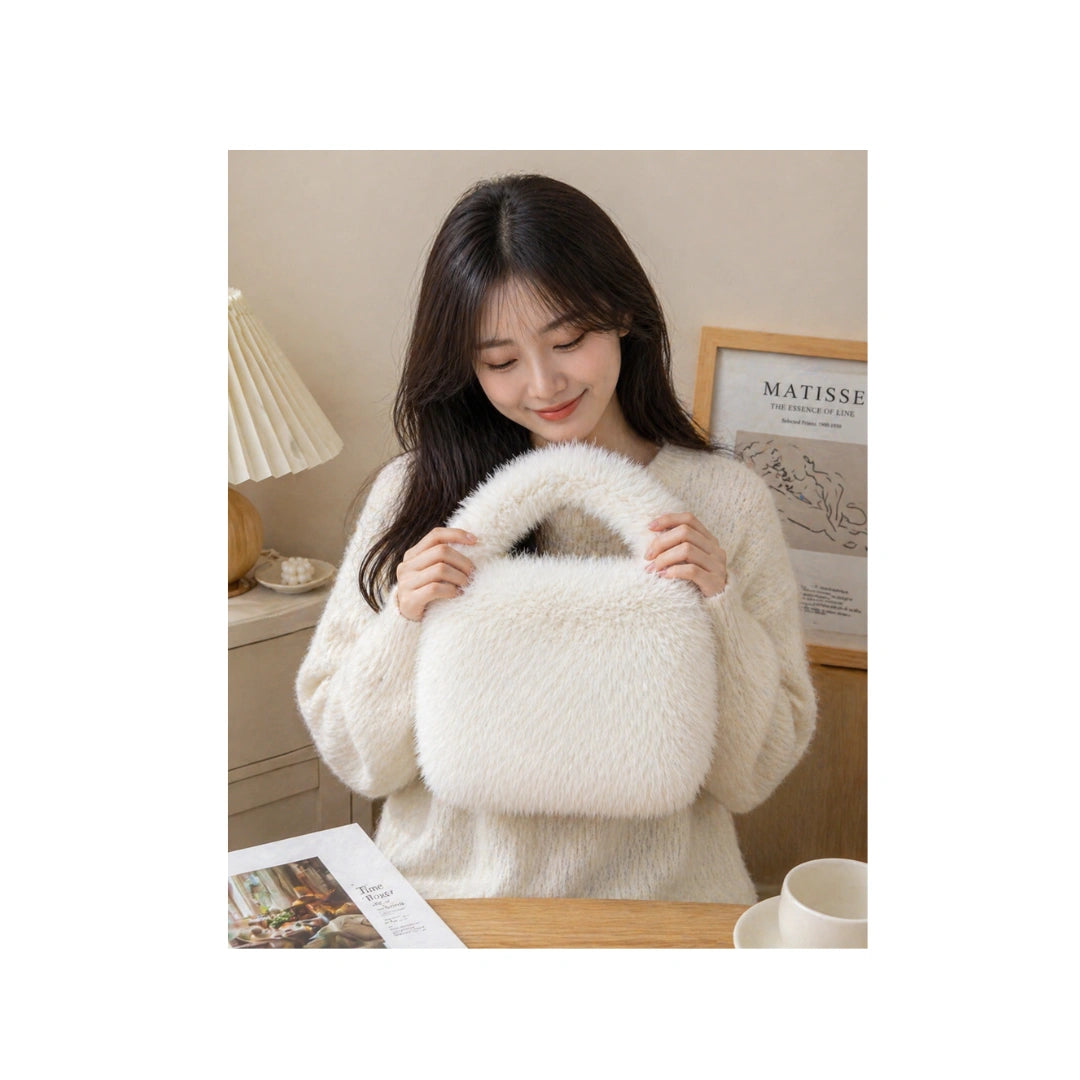 Fluffy Faux Fur Mini Tote Bag for Women & Girls - Soft Bucket Style