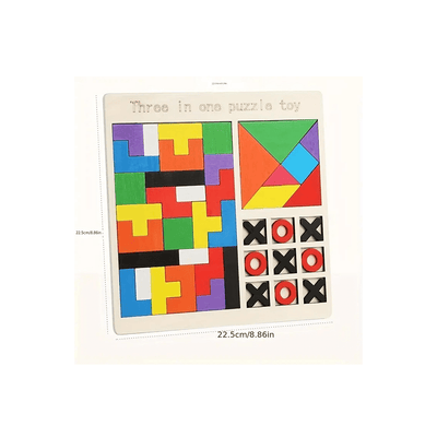 The Magic Lamps Toys Burani Toys Wooden 3 in 1 Children's Educational Colorful Square Tangram Game Chess Xo Tic-Tac-Toe Nine-Square Three-in-One Puzzle Building Blocks Early Education Toy