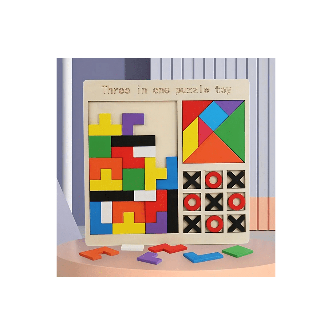 The Magic Lamps Toys Burani Toys Wooden 3 in 1 Children's Educational Colorful Square Tangram Game Chess Xo Tic-Tac-Toe Nine-Square Three-in-One Puzzle Building Blocks Early Education Toy