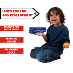 Blue city bus toy held by a child, with passenger windows and printed side markings