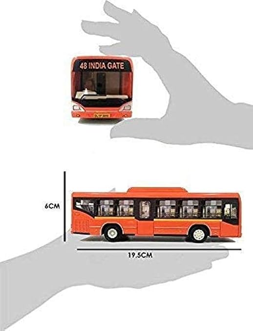 Orange toy bus shown from front and side, measuring 19.5 cm long and 6 cm tall