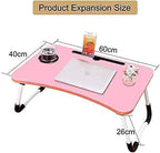Pink foldable bed desk with cup holder and tablet slot, shown with 60 by 40 cm dimensions