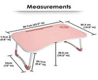 Pink foldable laptop table with dimensions and metal legs