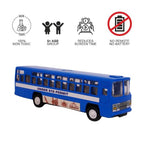 Blue city bus toy with printed route markings and passenger windows, shown beside product feature icons