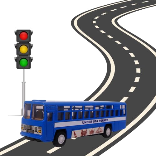 Blue city bus toy on a curved road beside a traffic light